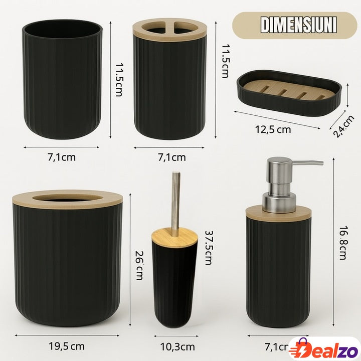 Set de baie 6 piese, negru mat cu accente de lemn, coș gunoi, perie WC, dispenser, pahar