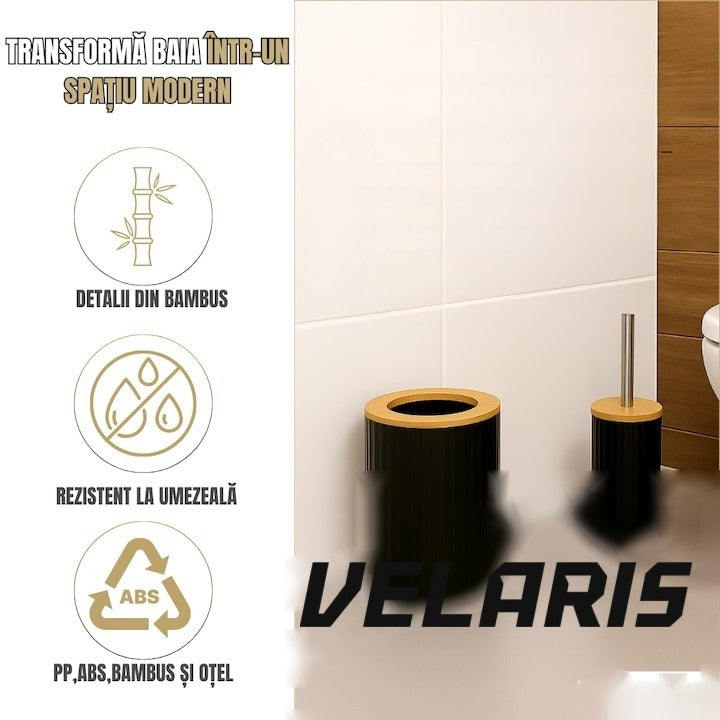Set de baie 6 piese, negru mat cu accente de lemn, coș gunoi, perie WC, dispenser, pahar