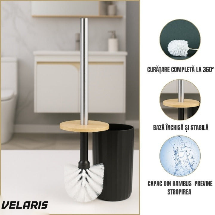 Set de baie 6 piese, negru mat cu accente de lemn, coș gunoi, perie WC, dispenser, pahar