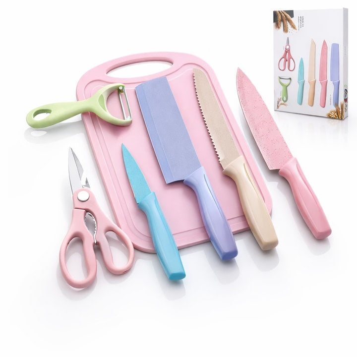 Set 7 piese cuțite de bucătărie, oțel inoxidabil, foarfece, curățător legume și tocător incluse