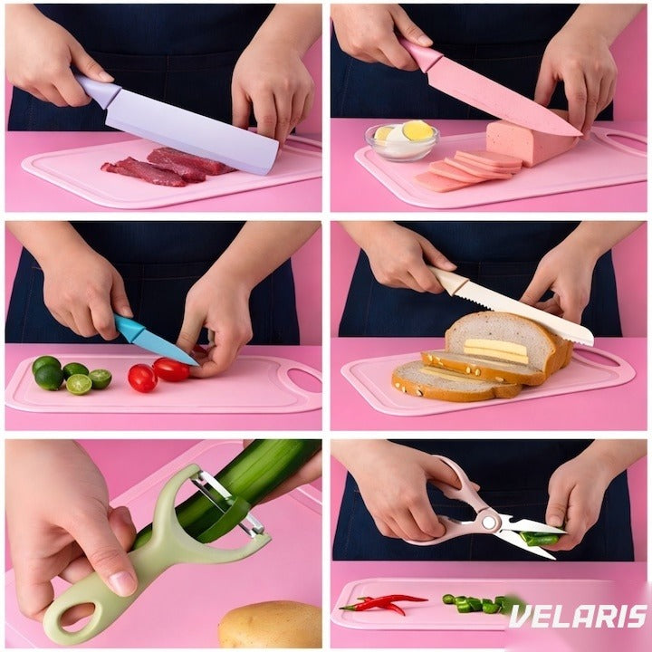 Set 7 piese cuțite de bucătărie, oțel inoxidabil, foarfece, curățător legume și tocător incluse