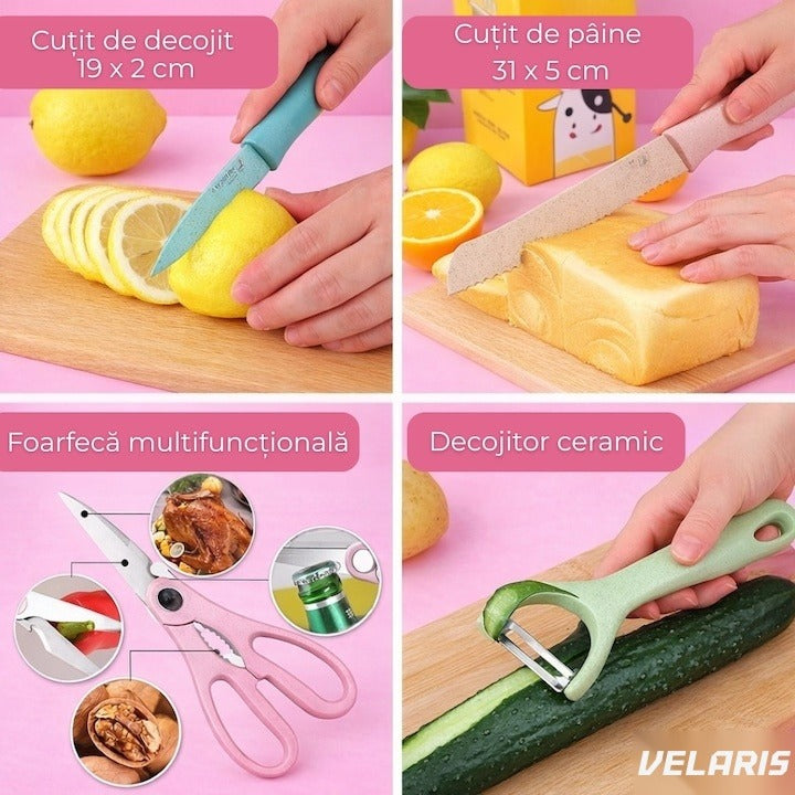 Set 7 piese cuțite de bucătărie, oțel inoxidabil, foarfece, curățător legume și tocător incluse