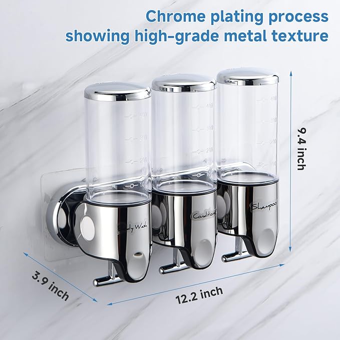 Dispenser 3 in 1 pentru Sapun, Sampon si Balsam Montabil pe Perete, Transparent, pentru Baie si Bucatarie