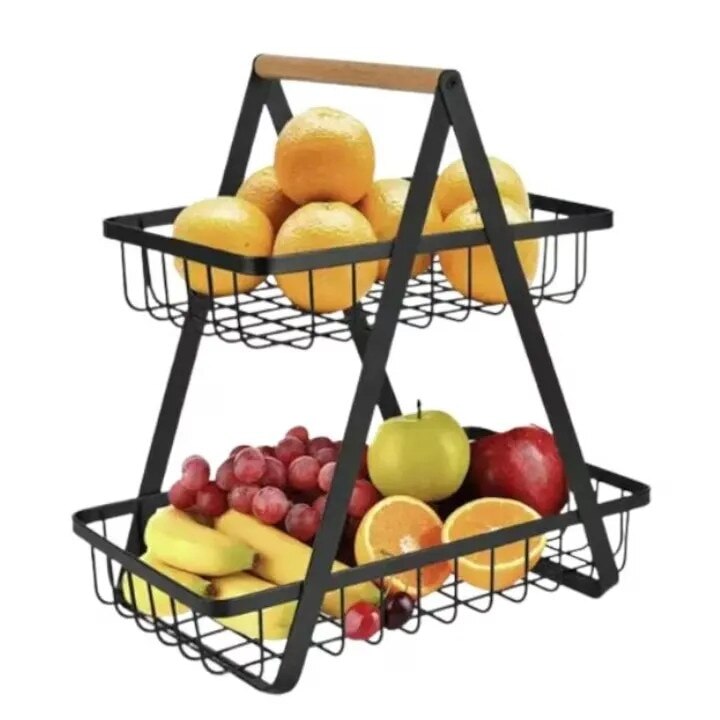 Cos de fructe decorativ, 2 etaje, metal negru cu maner din lemn, stabil si elegant, ideal pentru depozitarea fructelor si legumelor
