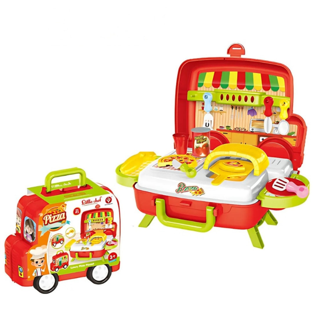 Set de jucarie Bucatarie portabila, masinuta 2 in 1, 21 piese, cuptor functional si accesorii de gatit, rosu, 3+ ani