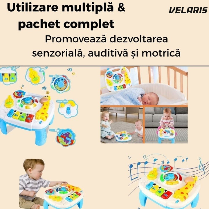Măsuță activități 2in1 pentru bebeluși, cu muzică, lumini și butoane educative, picioare detașabile