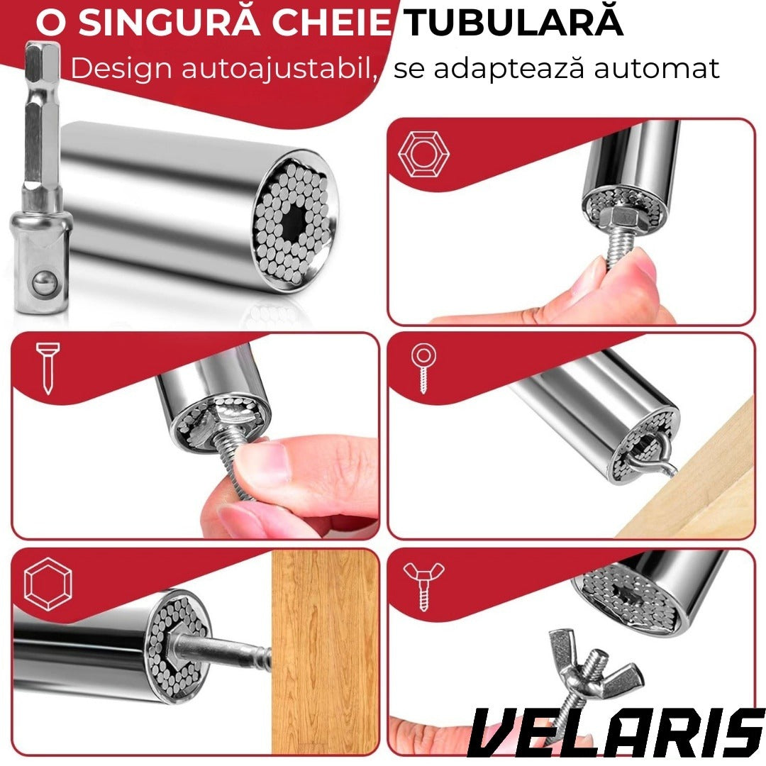 Adaptor cheie universala 7-19 mm cu pini metalici ajustabili cap tubular multifunctional din otel aliat pentru bormasina si clichet, prindere ferma pe suruburi uzate