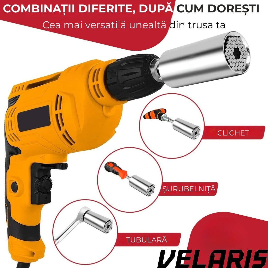 Adaptor cheie universala 7-19 mm cu pini metalici ajustabili cap tubular multifunctional din otel aliat pentru bormasina si clichet, prindere ferma pe suruburi uzate