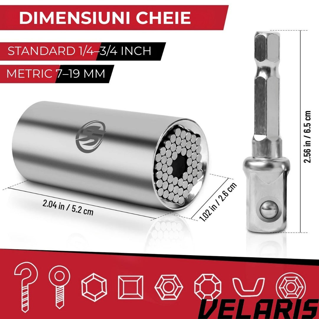 Adaptor cheie universala 7-19 mm cu pini metalici ajustabili cap tubular multifunctional din otel aliat pentru bormasina si clichet, prindere ferma pe suruburi uzate