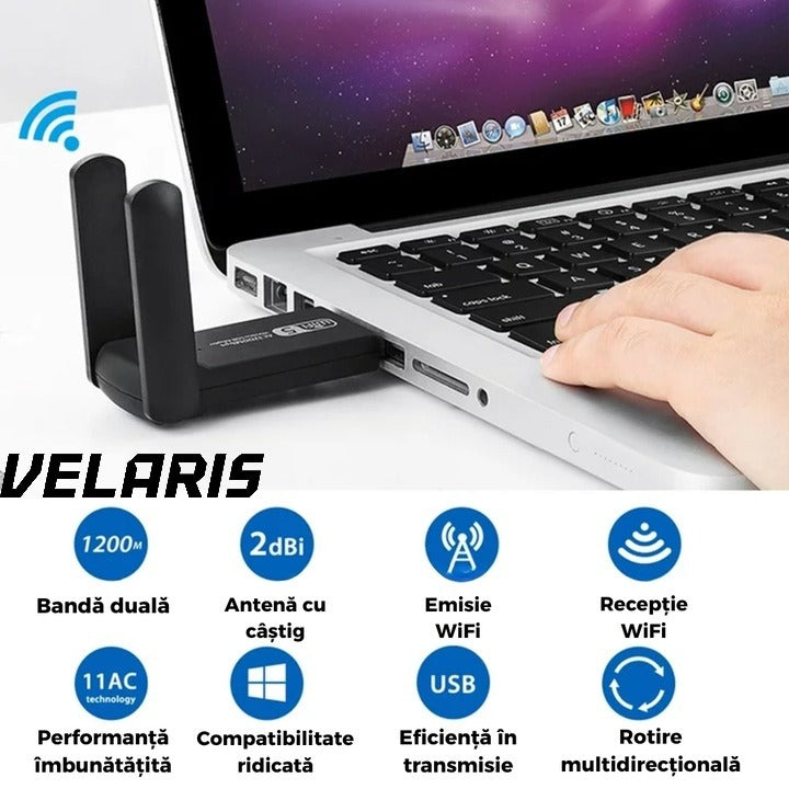 Adaptor wireless usb 3.0 dual band 2.4 si 5 ghz 1200 mbps cu antene externe compatibil windows linux mac