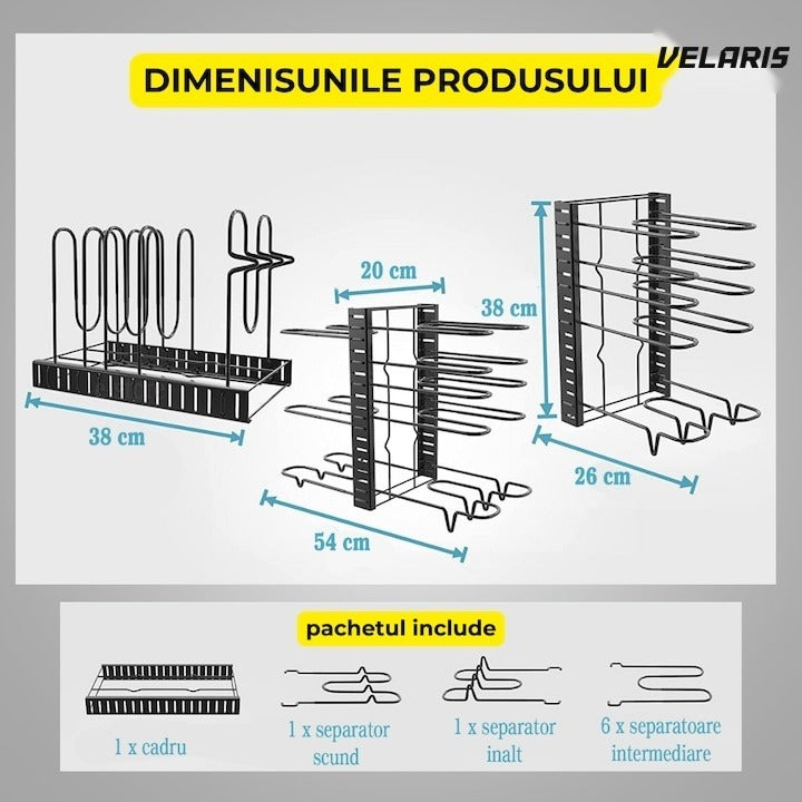 Suport reglabil pentru 9 tigăi și oale, metal, 8 separatoare, protecție cauciuc, negru