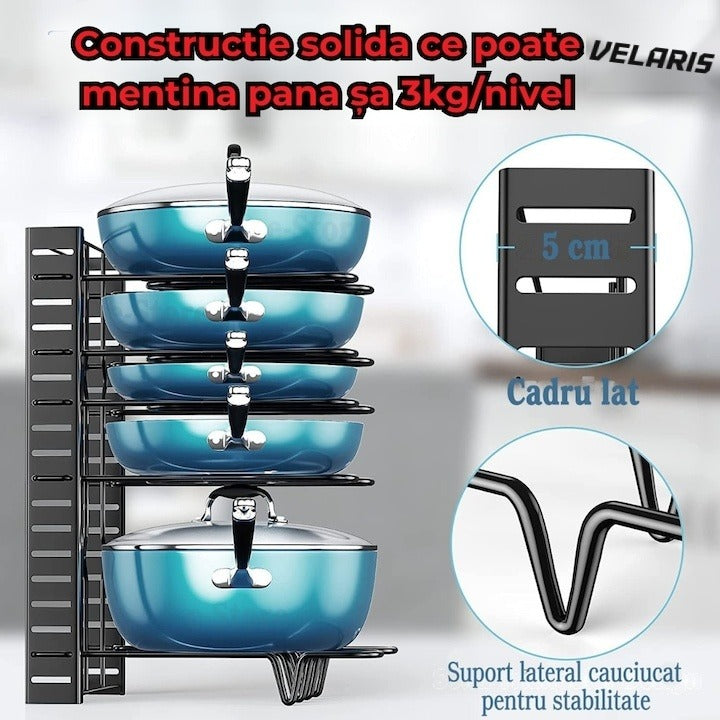 Suport reglabil pentru 9 tigăi și oale, metal, 8 separatoare, protecție cauciuc, negru