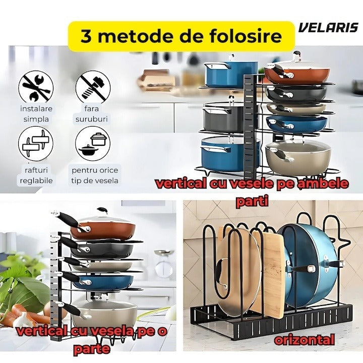 Suport reglabil pentru 9 tigăi și oale, metal, 8 separatoare, protecție cauciuc, negru