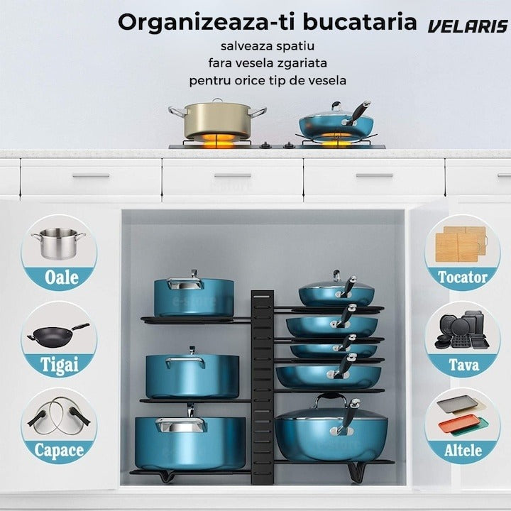 Suport reglabil pentru 9 tigăi și oale, metal, 8 separatoare, protecție cauciuc, negru