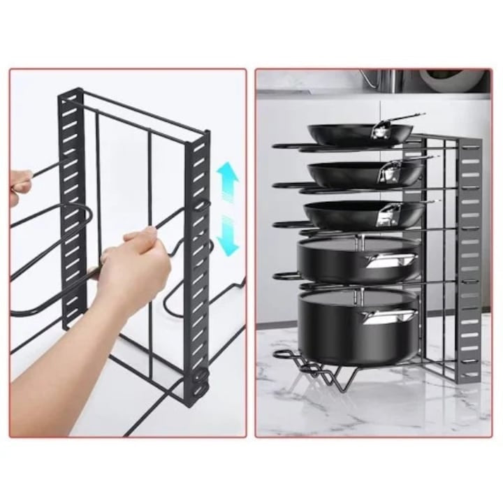 Suport reglabil pentru 9 tigăi și oale, metal, 8 separatoare, protecție cauciuc, negru