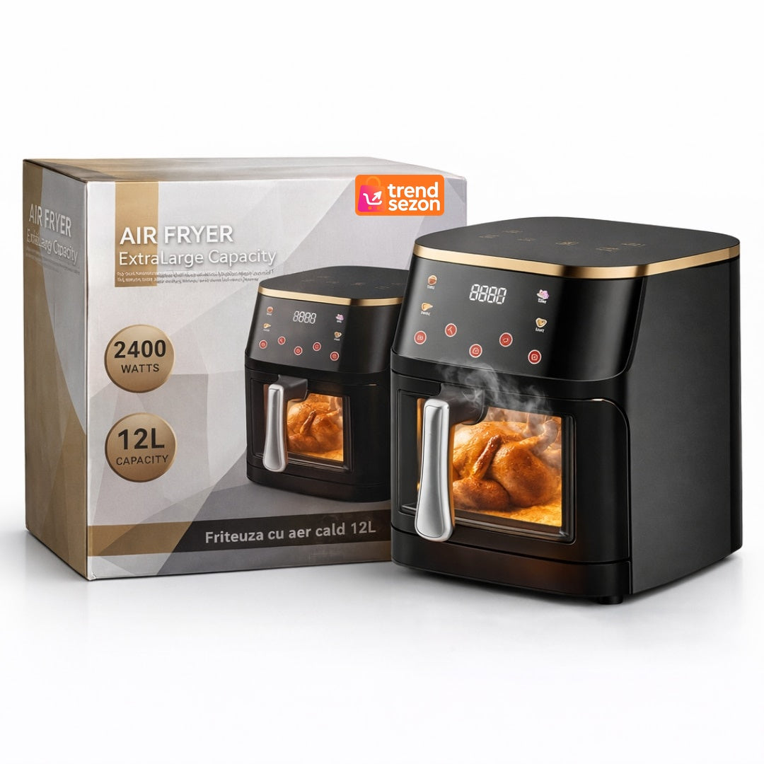 Friteuza cu aer cald 12L 2400W, geam transparent, panou touch, 8 programe presetate, 80-200°C, fără ulei