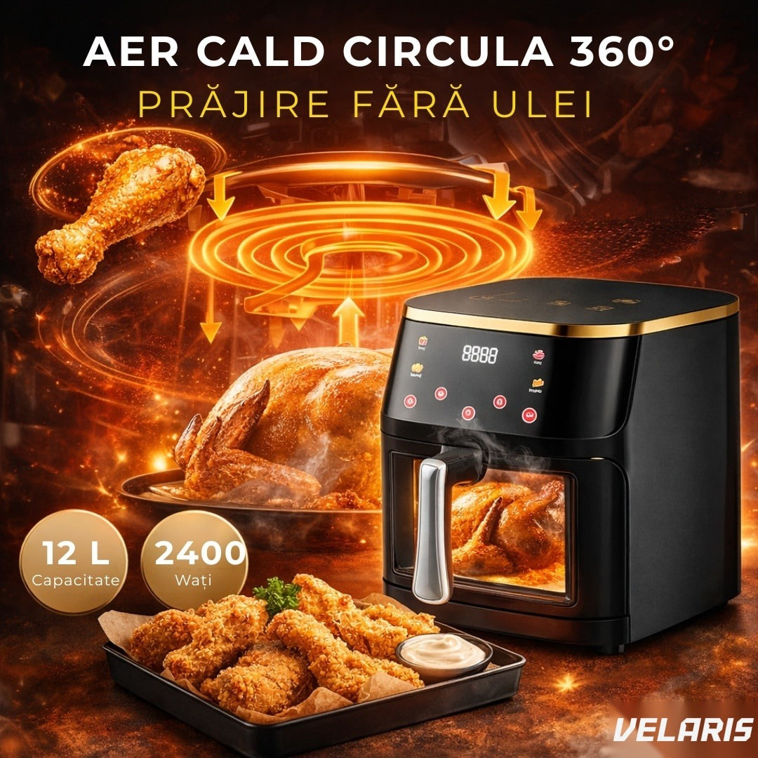 Friteuza cu aer cald 12L 2400W, geam transparent, panou touch, 8 programe presetate, 80-200°C, fără ulei