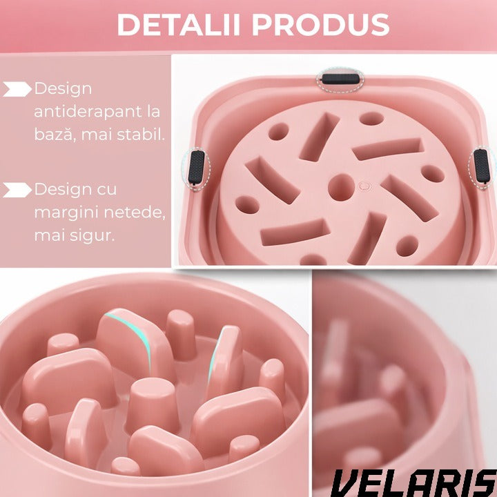 Alimentator Lent pentru Animale, Bol Antiderapant Hranire Lenta pentru Caini si Pisici Design Interior AntiInghitire Material Sigur Usor de Curatat Rezistent, Roz