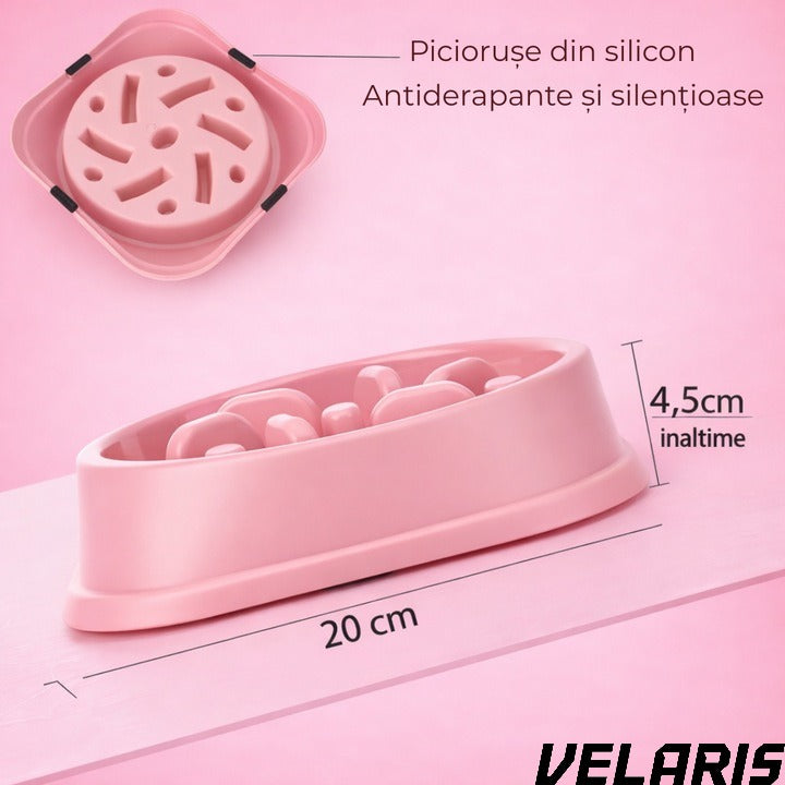 Alimentator Lent pentru Animale, Bol Antiderapant Hranire Lenta pentru Caini si Pisici Design Interior AntiInghitire Material Sigur Usor de Curatat Rezistent, Roz