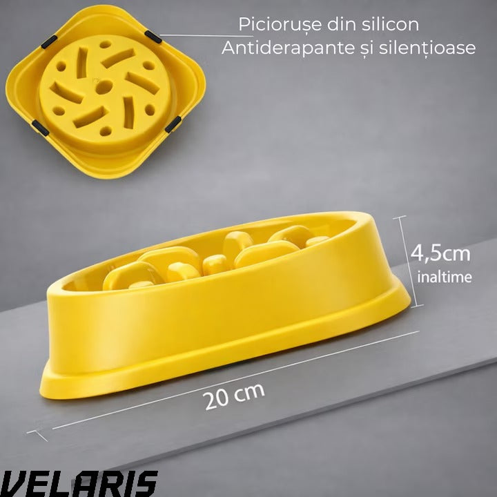 Alimentator Lent pentru Animale, Bol Antiderapant Hranire Lenta pentru Caini si Pisici Design Interior AntiInghitire Material Sigur Usor de Curatat Rezistent, Galben