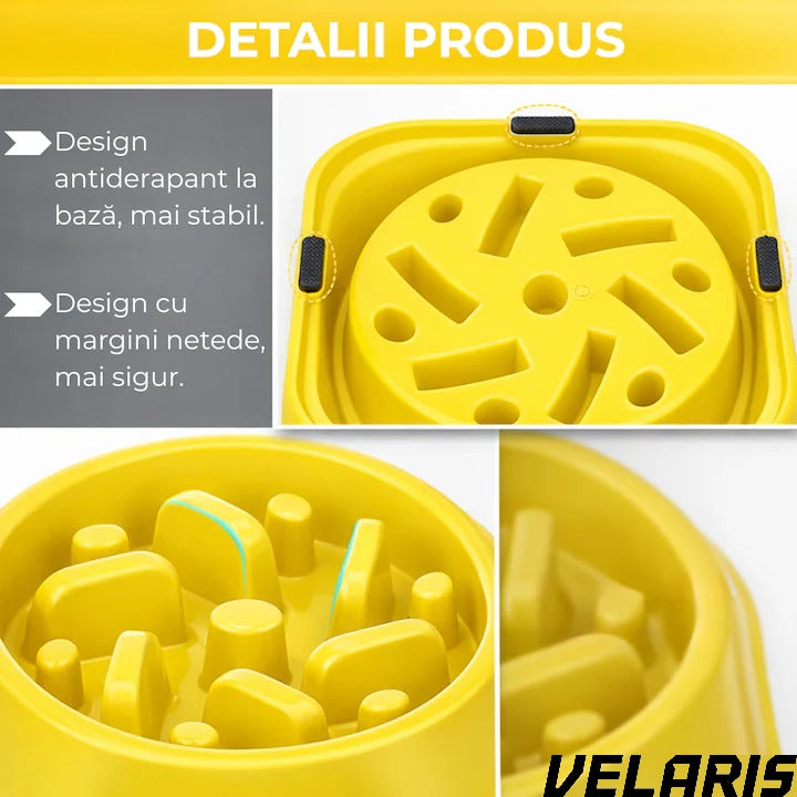 Alimentator Lent pentru Animale, Bol Antiderapant Hranire Lenta pentru Caini si Pisici Design Interior AntiInghitire Material Sigur Usor de Curatat Rezistent, Galben