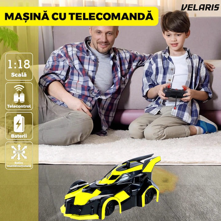 Mașinuță teleghidată anti-gravitație, urcare perete și tavan, galben/negru