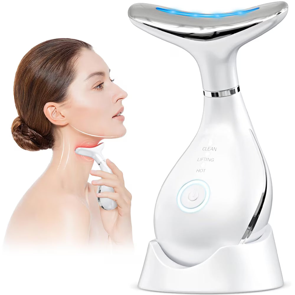 Dispozitiv anti-rid cu masaj facial și cervical, încălzire 42°C, vibrații și fototerapie