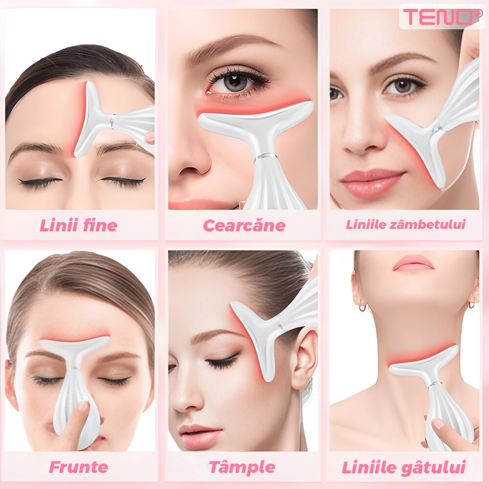 Dispozitiv anti-rid cu masaj facial și cervical, încălzire 42°C, vibrații și fototerapie