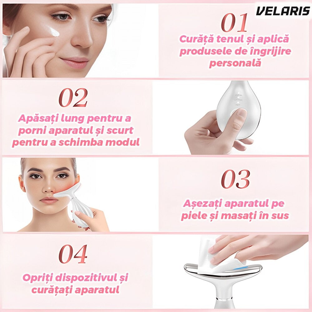 Dispozitiv anti-rid cu masaj facial și cervical, încălzire 42°C, vibrații și fototerapie