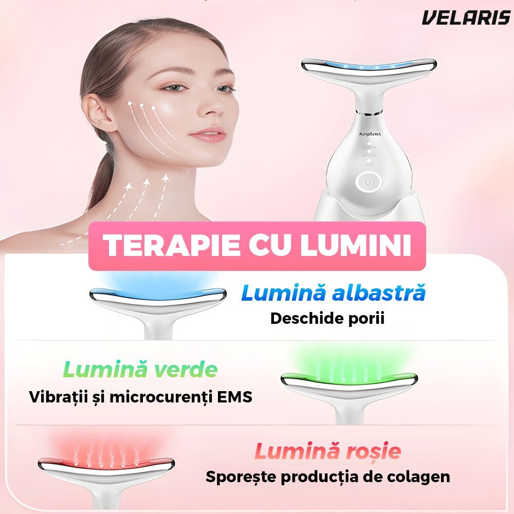 Dispozitiv anti-rid cu masaj facial și cervical, încălzire 42°C, vibrații și fototerapie