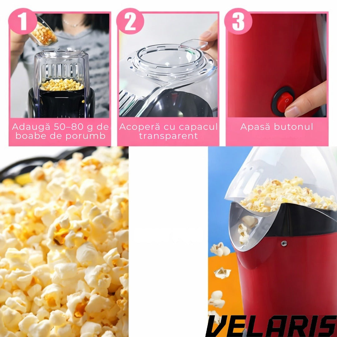 Aparat de facut popcorn, 1200W, capacitate 2.5L, fara ulei, rosu