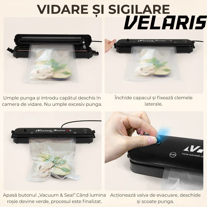 Aparat de Vidat Alimente 110W cu Functie de Sigilare, Pompa Puternica, Compact si Usor de Utilizat pachetul include 10 Pungi de Vidat