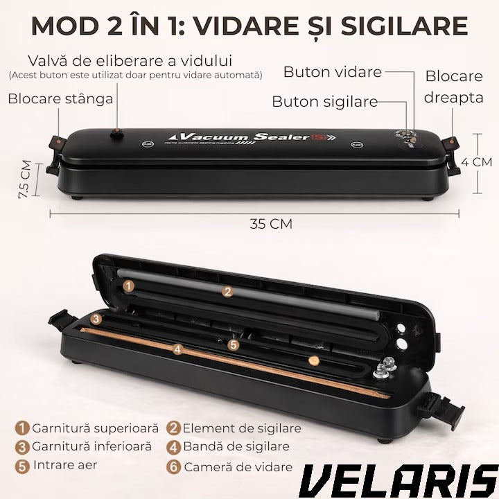 Aparat de Vidat Alimente 110W cu Functie de Sigilare, Pompa Puternica, Compact si Usor de Utilizat pachetul include 10 Pungi de Vidat
