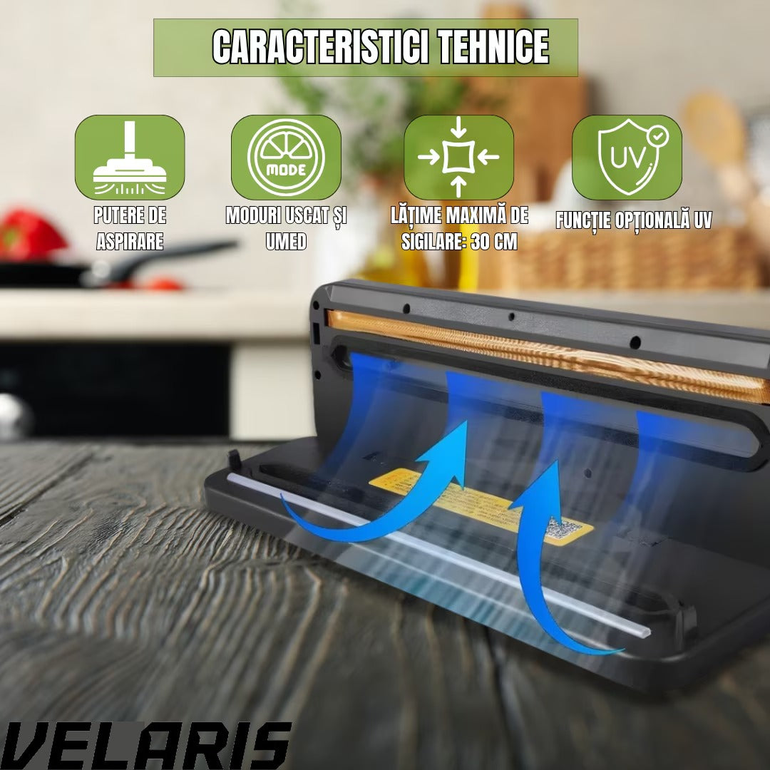 Aparat de vidat cu taietor incorporat, sistem compact, mod uscat si umed pentru conservarea alimentelor