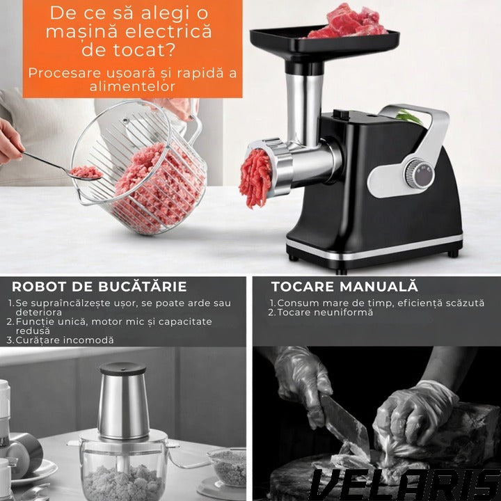 Aparat electric de tocat carne, inox, 800W, 2 trepte de viteza, negru/alb