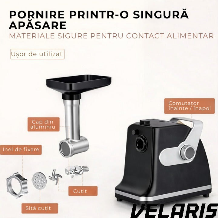 Aparat electric de tocat carne, inox, 800W, 2 trepte de viteza, negru/alb