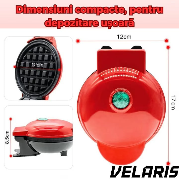 Aparat gofre mini pentru vafe cu placi antiaderente indicator luminos design compact rosu ideal mic dejun rapid