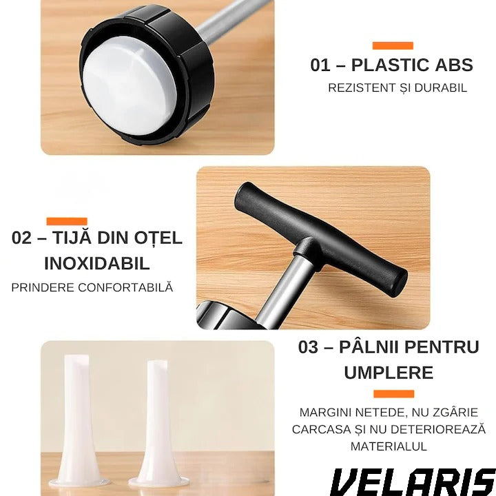 Aparat manual pentru umplut carnati, inox/plastic, 0.5 kg, 2 tuburi de umplere, alb
