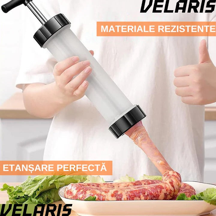 Aparat manual pentru umplut carnati, inox/plastic, 0.5 kg, 2 tuburi de umplere, alb
