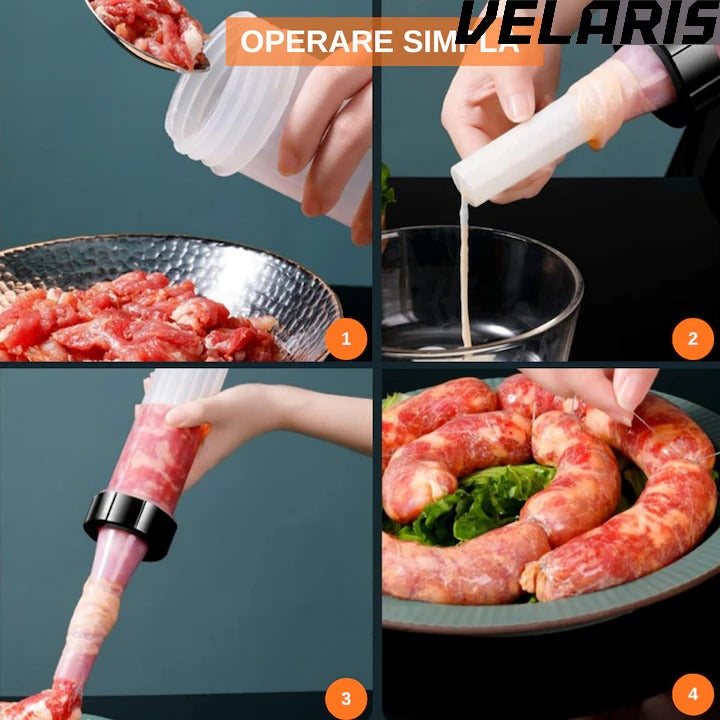 Aparat manual pentru umplut carnati, inox/plastic, 0.5 kg, 2 tuburi de umplere, alb