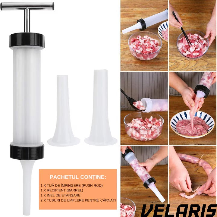Aparat manual pentru umplut carnati, inox/plastic, 0.5 kg, 2 tuburi de umplere, alb