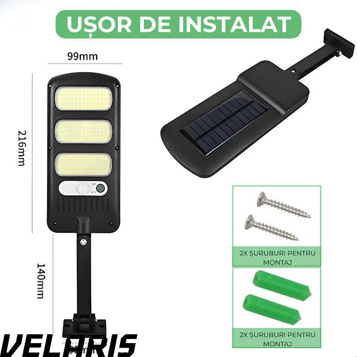 Aplica LED Exterior Solara cu 150 COB, Senzor Miscare si Lumina, Panou Solar 1.5W, 2400mAh, IP65, 6500K, Autonomie 6-10 Ore, Unghi Lumina 120°