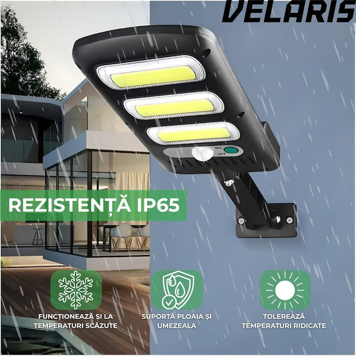 Aplica LED Exterior Solara cu 150 COB, Senzor Miscare si Lumina, Panou Solar 1.5W, 2400mAh, IP65, 6500K, Autonomie 6-10 Ore, Unghi Lumina 120°
