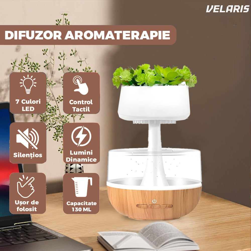 Difuzor aromaterapie tip planta, efect picurare, silentios, timer, 130 ml, maro