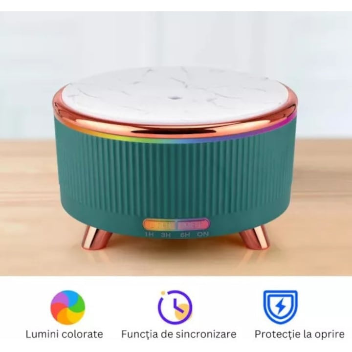 Difuzor aromaterapie ultrasonic 500 ml, umidificator aer, LED 7 culori, timer 1-3-6h, marmura verde