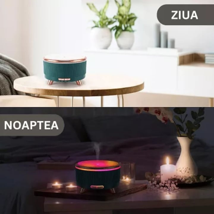 Difuzor aromaterapie ultrasonic 500 ml, umidificator aer, LED 7 culori, timer 1-3-6h, marmura verde