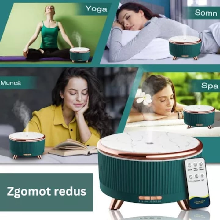Difuzor aromaterapie ultrasonic 500 ml, umidificator aer, LED 7 culori, timer 1-3-6h, marmura verde