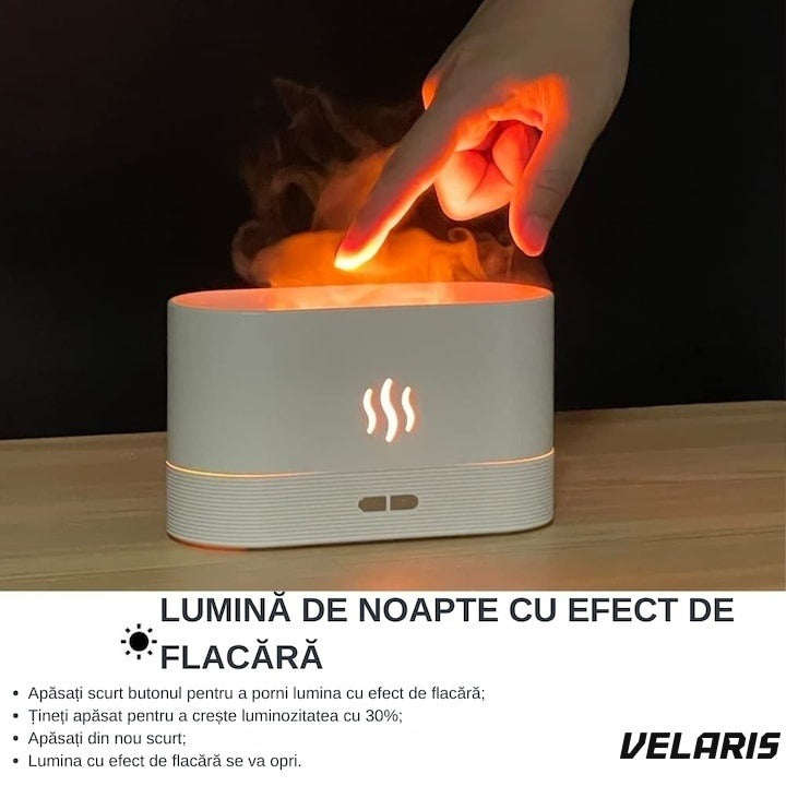 Difuzor aromaterapie cu efect de flacără, ultrasonic, 180 ml, 10 ore autonomie, alb