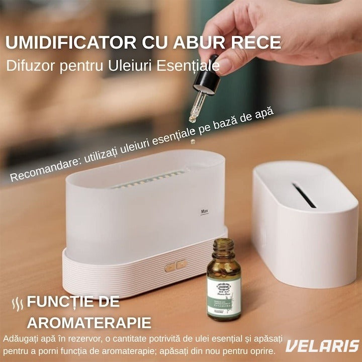 Difuzor aromaterapie cu efect de flacără, ultrasonic, 180 ml, 10 ore autonomie, alb
