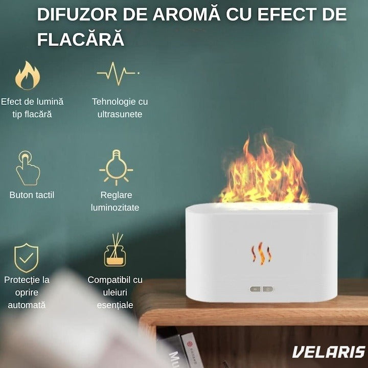 Difuzor aromaterapie cu efect de flacără, ultrasonic, 180 ml, 10 ore autonomie, alb